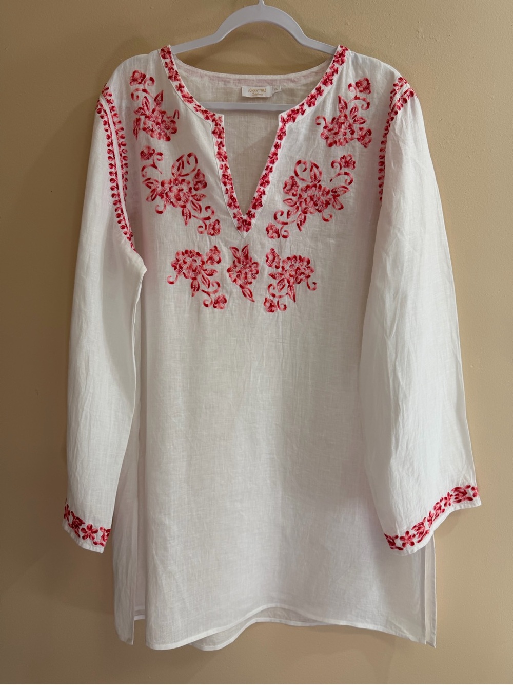 Johnny Was California 100% Linen White Red Embroidered Tunic Blouse XXL